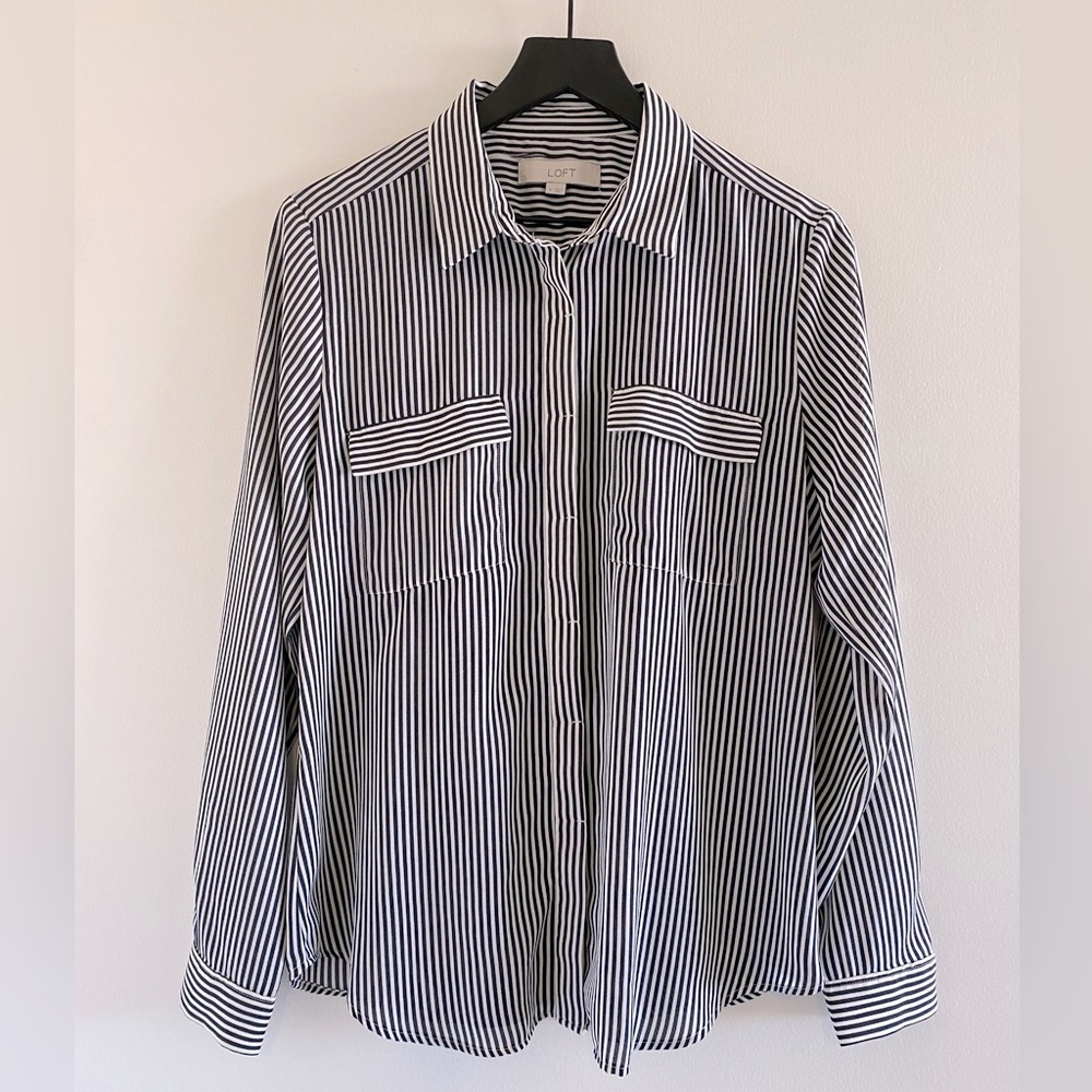 LOFT Striped Long Sleeve Button Down Utility Blouse